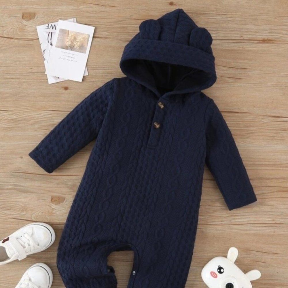 Baby onesie sweat suit hooded bear ears, navy blue